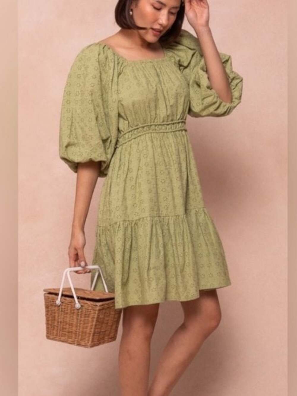Ivy City Co. Kinsey Sage Green Eyelet Puff Sleeve Mini Dress, Size S